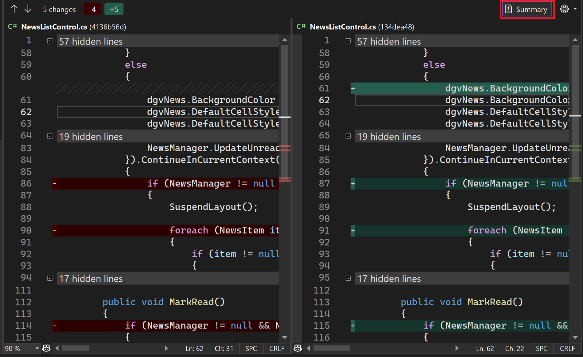 Fenêtre de nouvelle demande de tirage avec le texte du bouton résumé mis en surbrillance dans Visual Studio 2022.