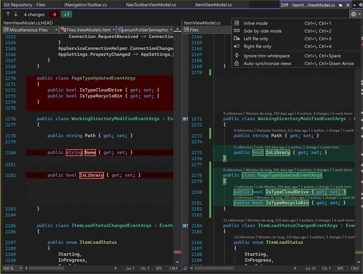 Comparaison ligne par ligne des versions de fichiers dans Visual Studio 2022.