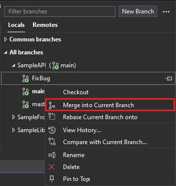 Capture d’écran de la fonctionnalité de sélecteur de branche dans la fenêtre de l’outil Modifications Git.