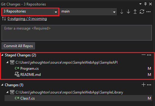 Capture d’écran de la fenêtre Modifications Git qui effectue le suivi des modifications apportées à votre travail.