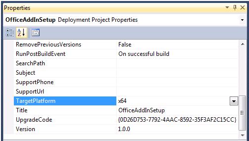 Capture d’écran de la fenêtre Propriétés montrant la plateforme cible pour l’enregistrement de compléments avec Office de 64 bits