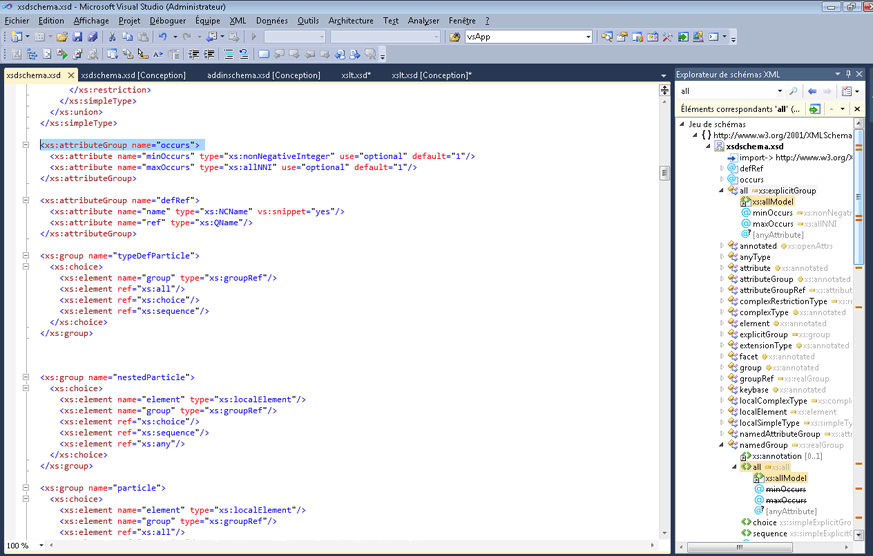 Screenshot of a Visual Studio project showing an XML node in the XML Editor pane and a tree view of the schema set in the XML Schema Explorer pane.