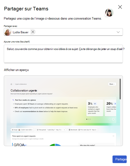Capture d’écran montrant le partage d’un insight via Teams.
