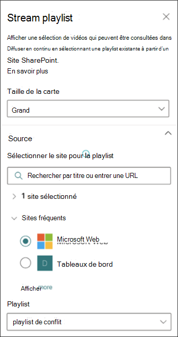 Capture d’écran du volet des propriétés de la playlist Stream montrant les options de sélection d’une source à partir de SharePoint