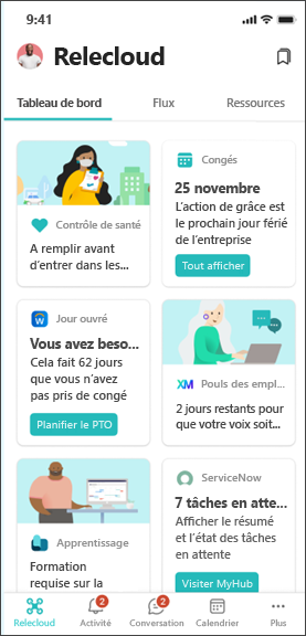Image du tableau de bord Viva Connections conçu pour les employés de première ligne.