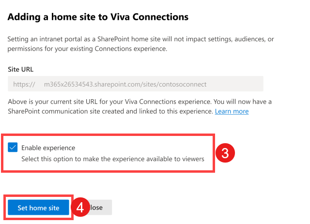 Capture d’écran mettant en évidence les étapes permettant d’activer l’expérience Viva Connections et de la définir comme site d’accueil.