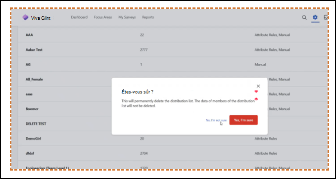 Capture d’écran de la fenêtre Êtes-vous sûr(e) pour confirmer la suppression d’une liste de distribution ?