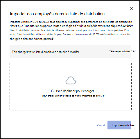 Capture d’écran de la fenêtre de curseur pour l’importation d’employés dans une liste de distribution.