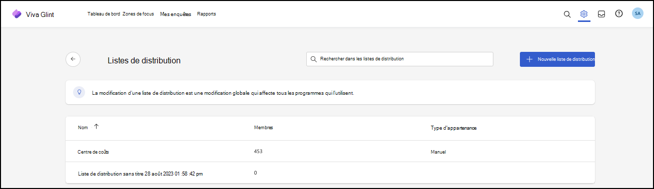 Capture d’écran de la fenêtre Liste de distribution.