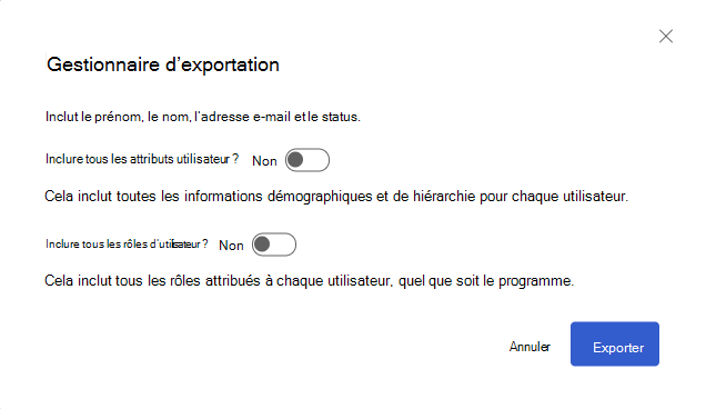 Capture d’écran de la boîte de dialogue Exporter le rôle pour le rôle Gestionnaire.