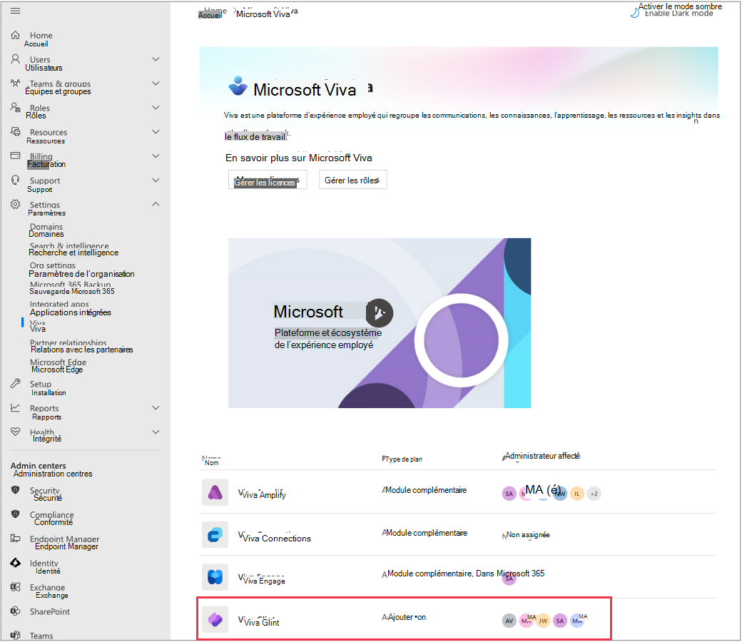 Capture d’écran de Viva Glint dans le Centre Administration Microsoft.