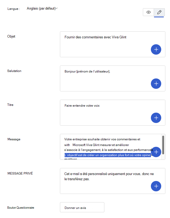 Capture d’écran des sections d’e-mail d’enquête modifiables dans Viva Glint.