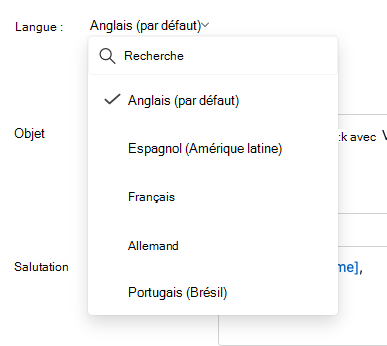 Capture d’écran de la liste déroulante Langue dans le volet d’édition de l’e-mail.