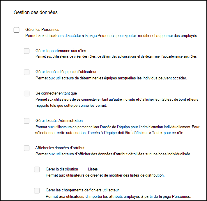 Capture d’écran de la section Gestion des données dans Autorisations et accès.