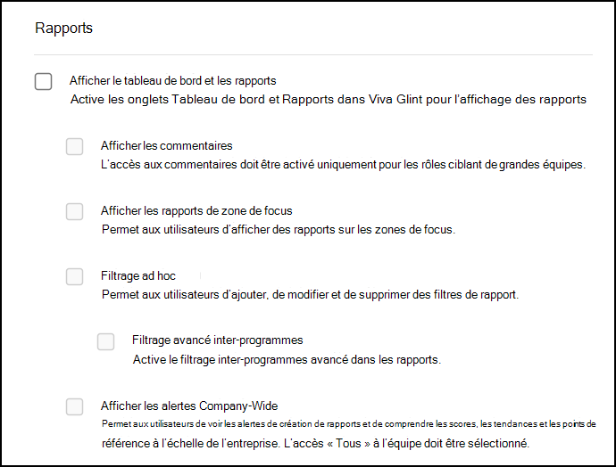 Capture d’écran de la section Création de rapports dans Autorisations et accès.