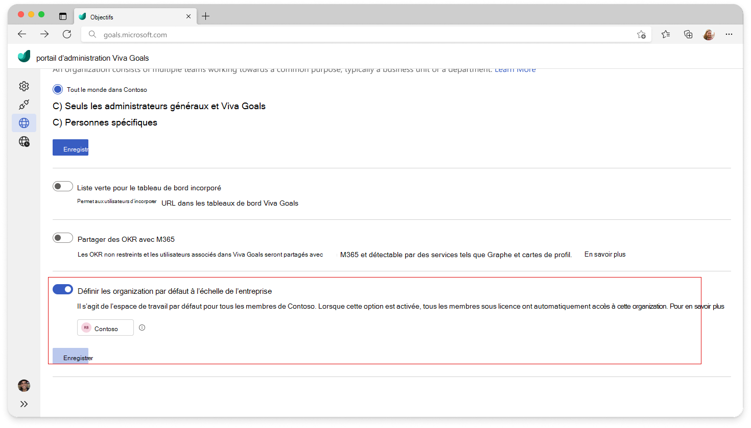 Capture d’écran montrant le paramètre permettant de désigner une organisation par défaut à l’échelle de l’entreprise dans le portail d’administration Viva Goals.