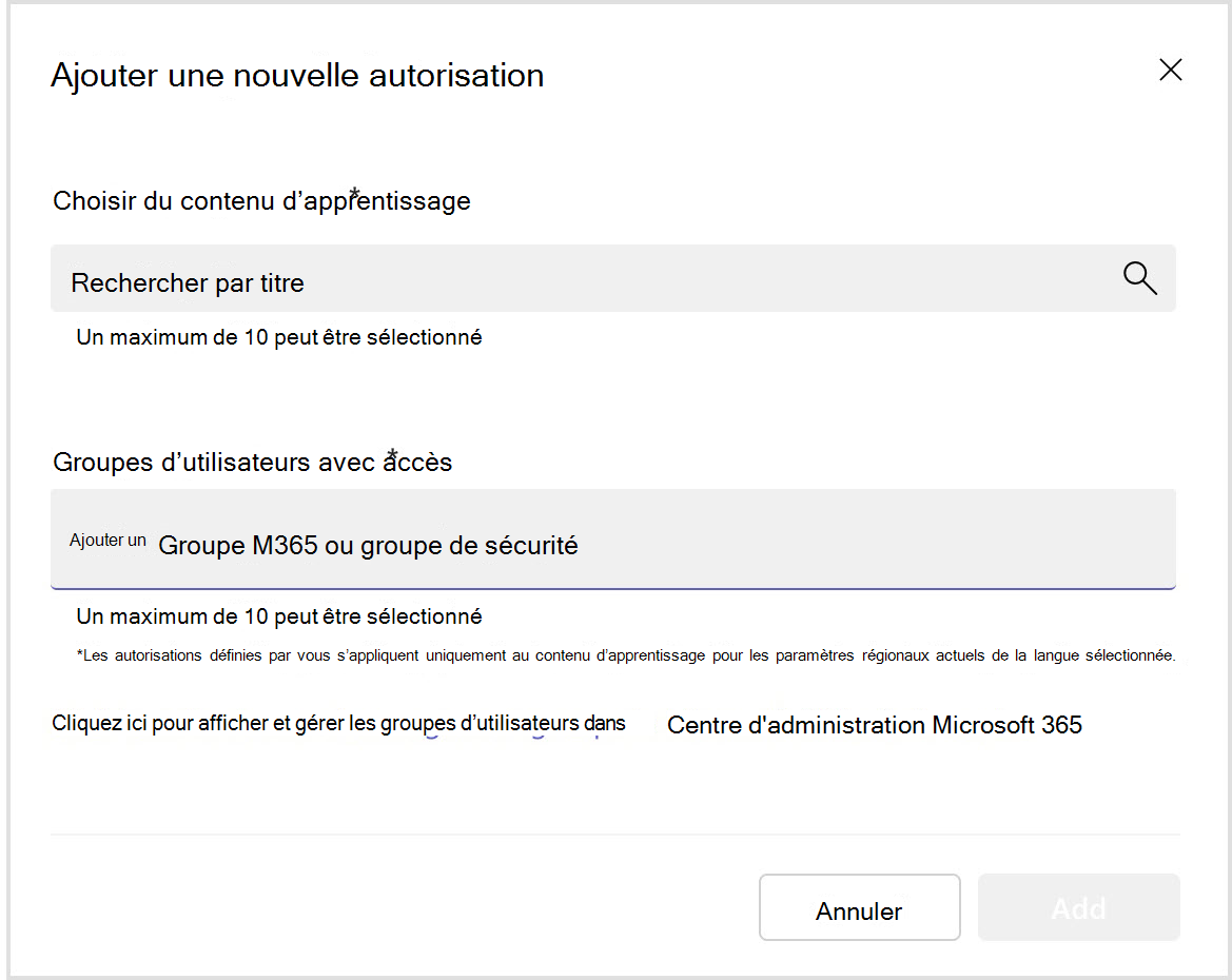 Capture d’écran d’une fenêtre contextuelle qui répertorie les options d’ajout de nouvelles autorisations.