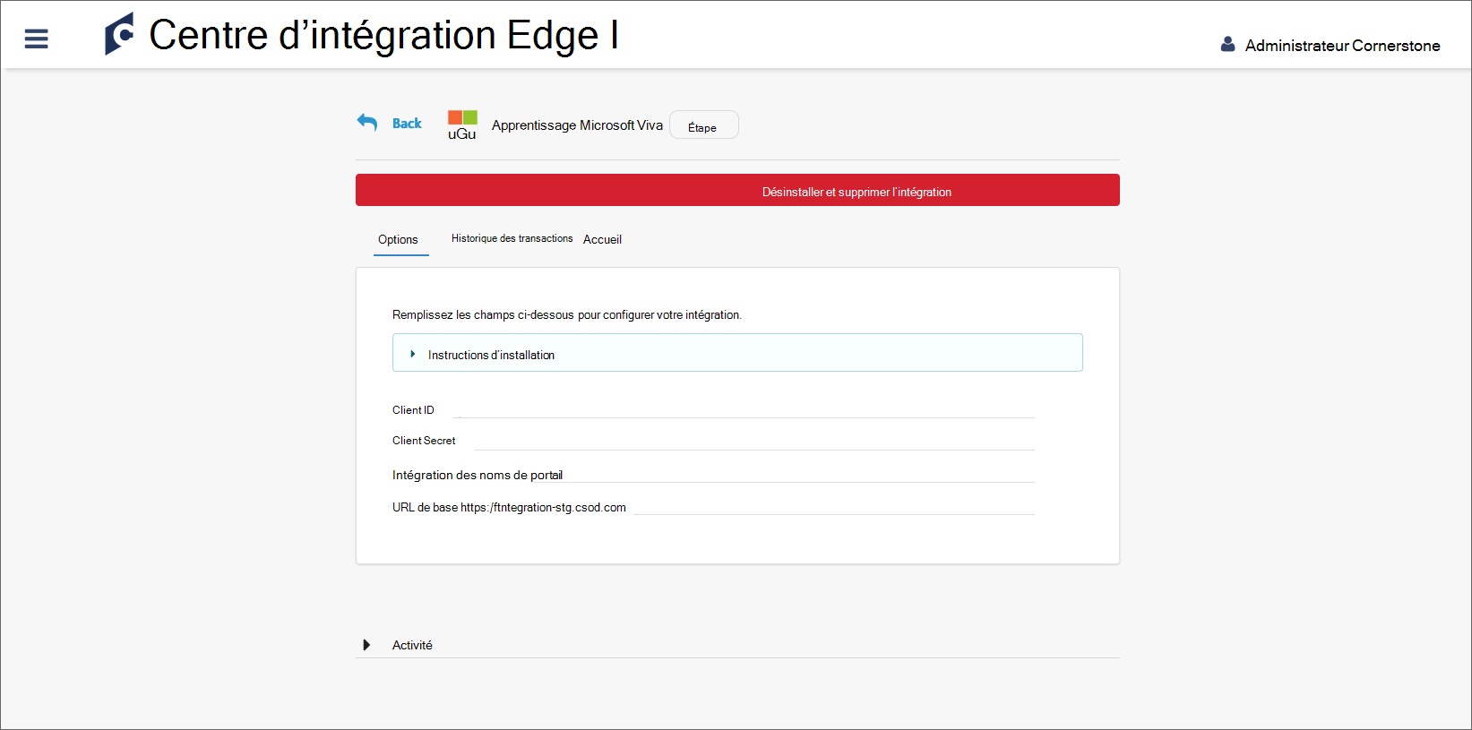 Capture d’écran de l’écran de configuration où vous pouvez trouver votre ID client, votre clé secrète client, le nom du portail et l’URL de base.