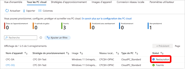 Capture d’écran de la status de restauration de PC cloud