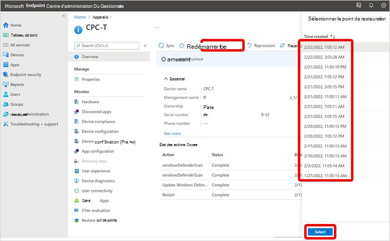 Capture d’écran de la sélection d’un point de restauration
