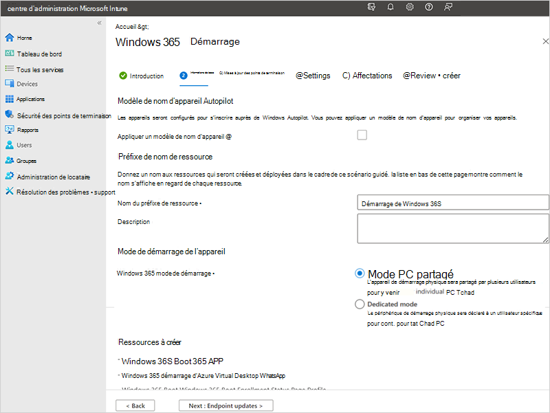 Capture d’écran de l’onglet Informations de base du scénario guidé de démarrage Windows 365.