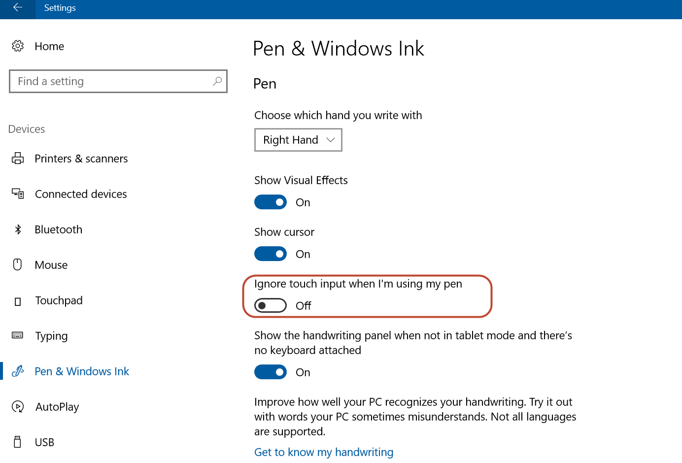 Capture d’écran des paramètres de stylet et de Windows Ink