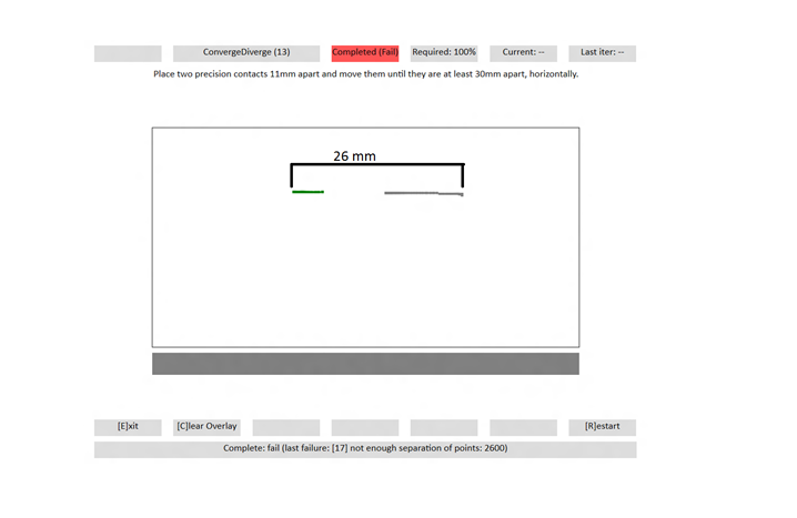 screenshot from the converge - diverge test, showing insufficient separation of contact points.