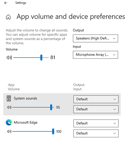 Capture d’écran de la page Des préférences d’appareil et du volume d’applications dans Windows 10.