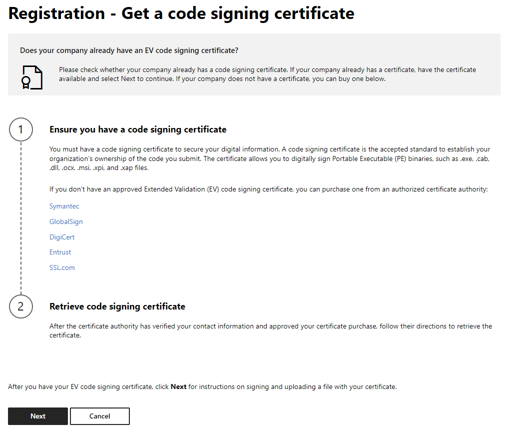 Capture d’écran de la section « Obtenir un certificat de signature de code » dans le processus d’inscription au programme de développeur matériel.