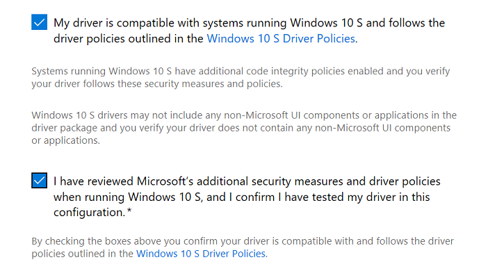 Une capture d'écran des deux cases à cocher que vous devez sélectionner lors de la soumission d'un pilote pour Windows 10 S.