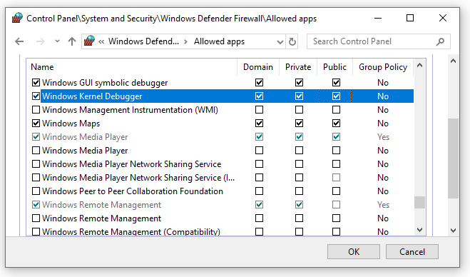 Capture d’écran de la configuration du pare-feu du Panneau de configuration affichant les applications Windows GUI Symbolic Debugger et Windows Kernel Debugger avec les trois types de réseaux activés.