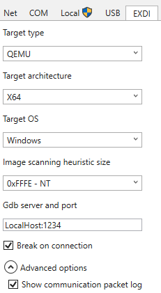 Interface utilisateur de connexion du noyau EXDI Windbg, avec les options de connexion affichées, notamment l’adresse IP et le port.