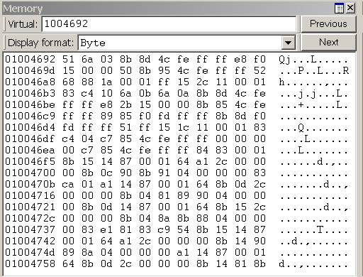 Capture d’écran d’un exemple de fenêtre Mémoire dans WinDbg.