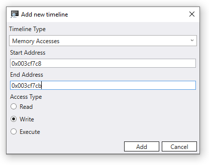 Ajout d’une boîte de dialogue de chronologie d’accès mémoire avec le bouton d’écriture sélectionné et une valeur de départ de 003cf7c8.