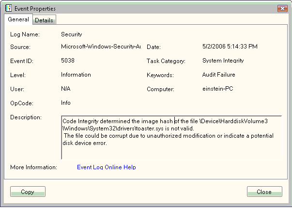 capture d’écran de la boîte de dialogue des propriétés d’événement illustrant l’erreur de pilote non signé.