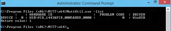 Capture d’écran montrant l’exécution de la commande « MuttUtil.exe -list » dans « Administrateur : Invite de commandes ».