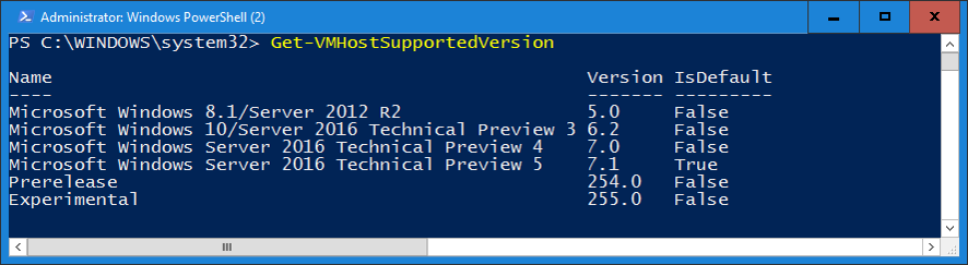 Capture d’écran montrant la sortie de l’applet de commande Get-VMHostSupportedVersion