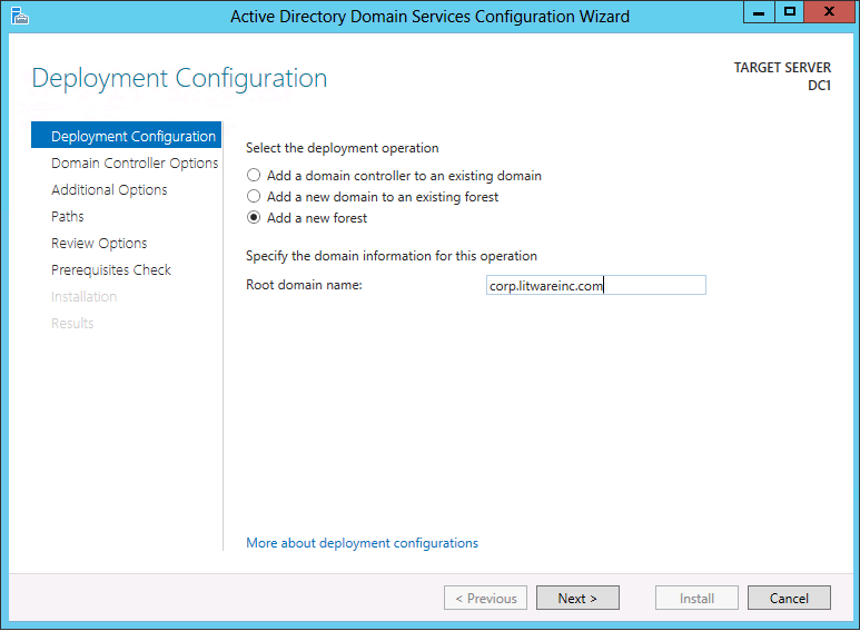 Screenshot of the Deployment Configuration page of the Active Directory Domain Services Configuration Wizard showing the options that appear when you create a new forest.