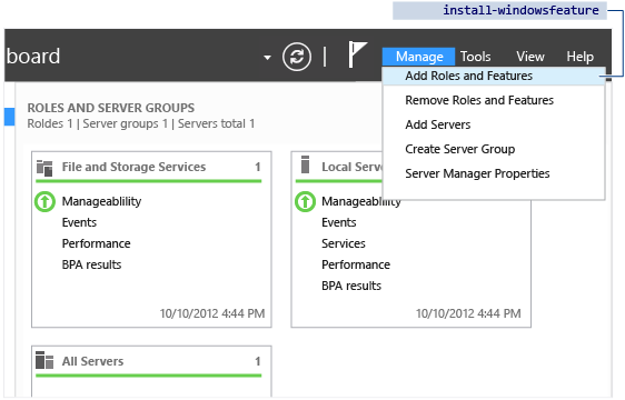 Screenshot that shows how to access the Add Roles and Features menu option.