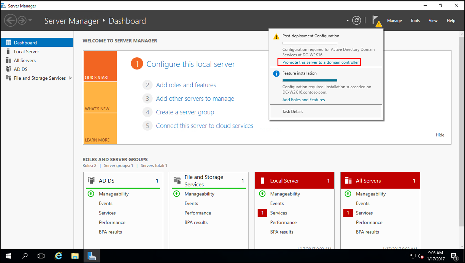 Capture d’écran de la boîte de dialogue de la progression de la configuration post-déploiement avec l’option Promouvoir le serveur en contrôleur de domaine mise en évidence.