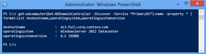 Capture d’écran d’une fenêtre de terminal montrant la spécification du nom de domaine et le filtrage des propriétés retournées avant le pipeline Windows PowerShell.