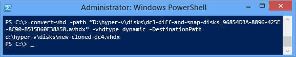 Capture d’écran d’une fenêtre de terminal qui montre comment exporter l’ensemble de la chaîne des instantanés de disque d’une machine virtuelle et du disque parent dans un nouveau disque unique nommé DC4-CLONED. VHDX