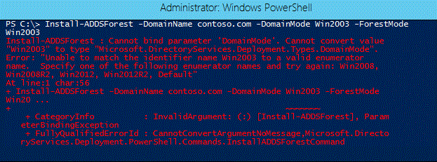 Capture d’écran d’une fenêtre de terminal montrant le paramètre -DomainMode utilisé avec l’applet de commande Install-ADDSForest.