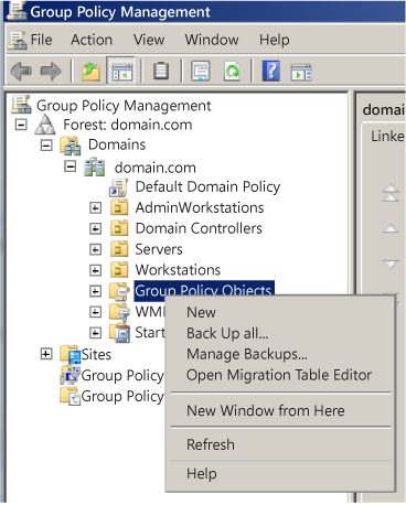 Capture d’écran de la fenêtre de la console de gestion des stratégies de groupe, affichant la commande « Objets de stratégie de groupe » et le menu contextuel.