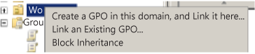 Capture d’écran de la fenêtre de la console de gestion des stratégies de groupe, où vous cliquez avec le bouton droit sur un élément de Stations de travail et sélectionnez « Lier un objet de stratégie de groupe existant ».