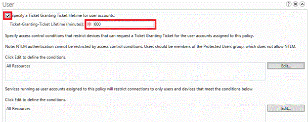 Capture d’écran mettant en évidence la case à cocher Spécifier une durée de vie de ticket Ticket-Granting pour les comptes d’utilisateur.