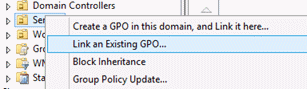 Capture d’écran indiquant l’option de menu Lier un l’objet de stratégie de groupe existant lorsque vous cliquez avec le bouton droit sur l’unité d’organisation.