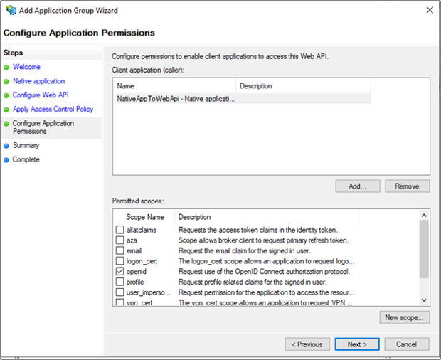 Capture d’écran de la page Configurer les autorisations d’application de l’Assistant Ajout d’un groupe d’applications montrant OpenID sélectionné.