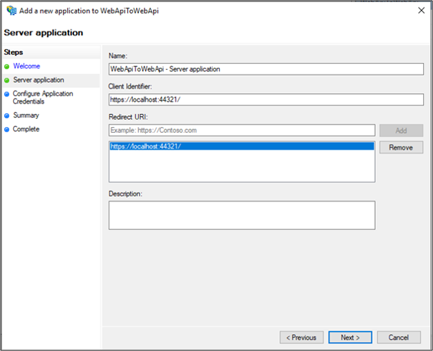 Capture d’écran de la page Application serveur de l’Assistant Ajouter une nouvelle application à WebApiToWebApi montrant l’identificateur client correct et l’ID de redirection.