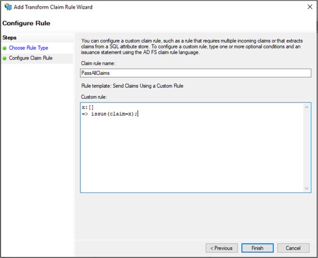 Deuxième capture d’écran de la page Configurer une règle de l’Assistant Ajouter une règle de revendication de transformation montrant la configuration expliquée ci-dessus.